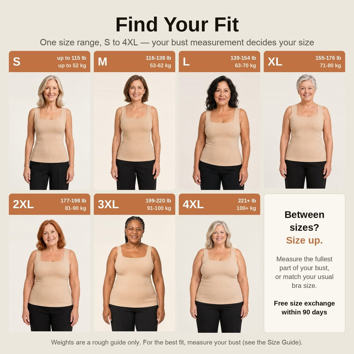 Boxari Bra Tank size chart S to 4XL. Your bust measurement decides your size.