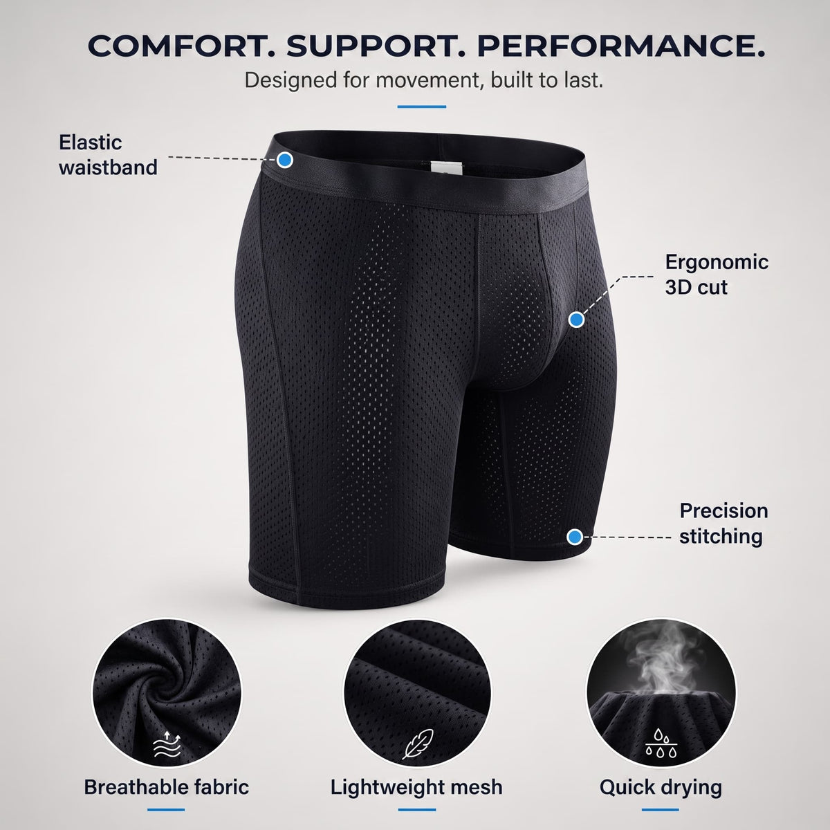 Performance Long Boxer Briefs – Comfort, Support & Breathable Fabric (Buy 2, Get 1 FREE)